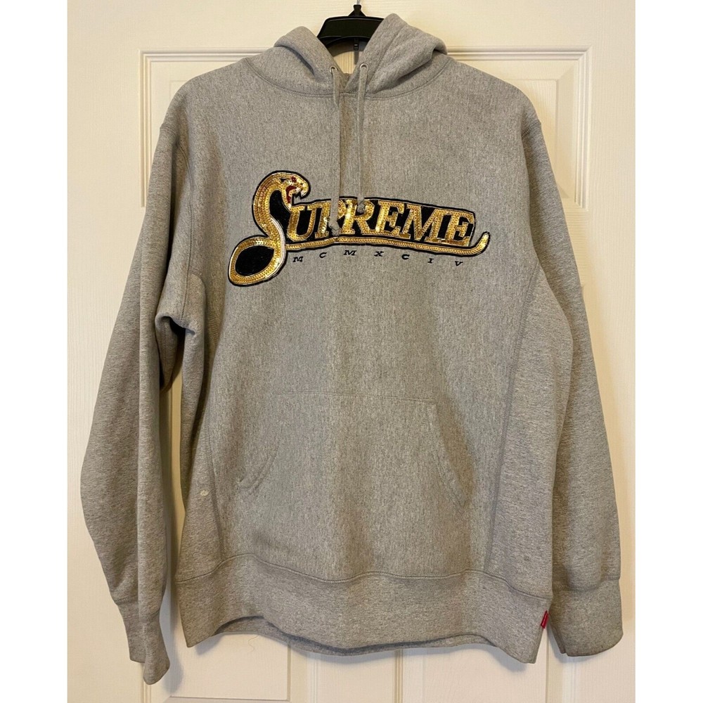 Supreme Sequin Viper Serpent Hooded Sweatshirt Hoodie Gray Large